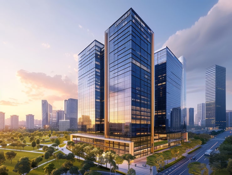 Tall residential and office towers at sunset, representing projects by Kolte-Patil Developers